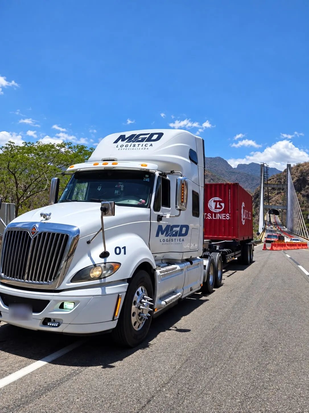 Tractocamión blanco con el logo de MGD y un contenedor rojo de 20 pies en una carretera de sierra, frente a un puente atirantado